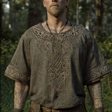 Load image into Gallery viewer, Viking-style Vine Pattern Grass Green Vintage Round Neck Short-sleeved T-shirt