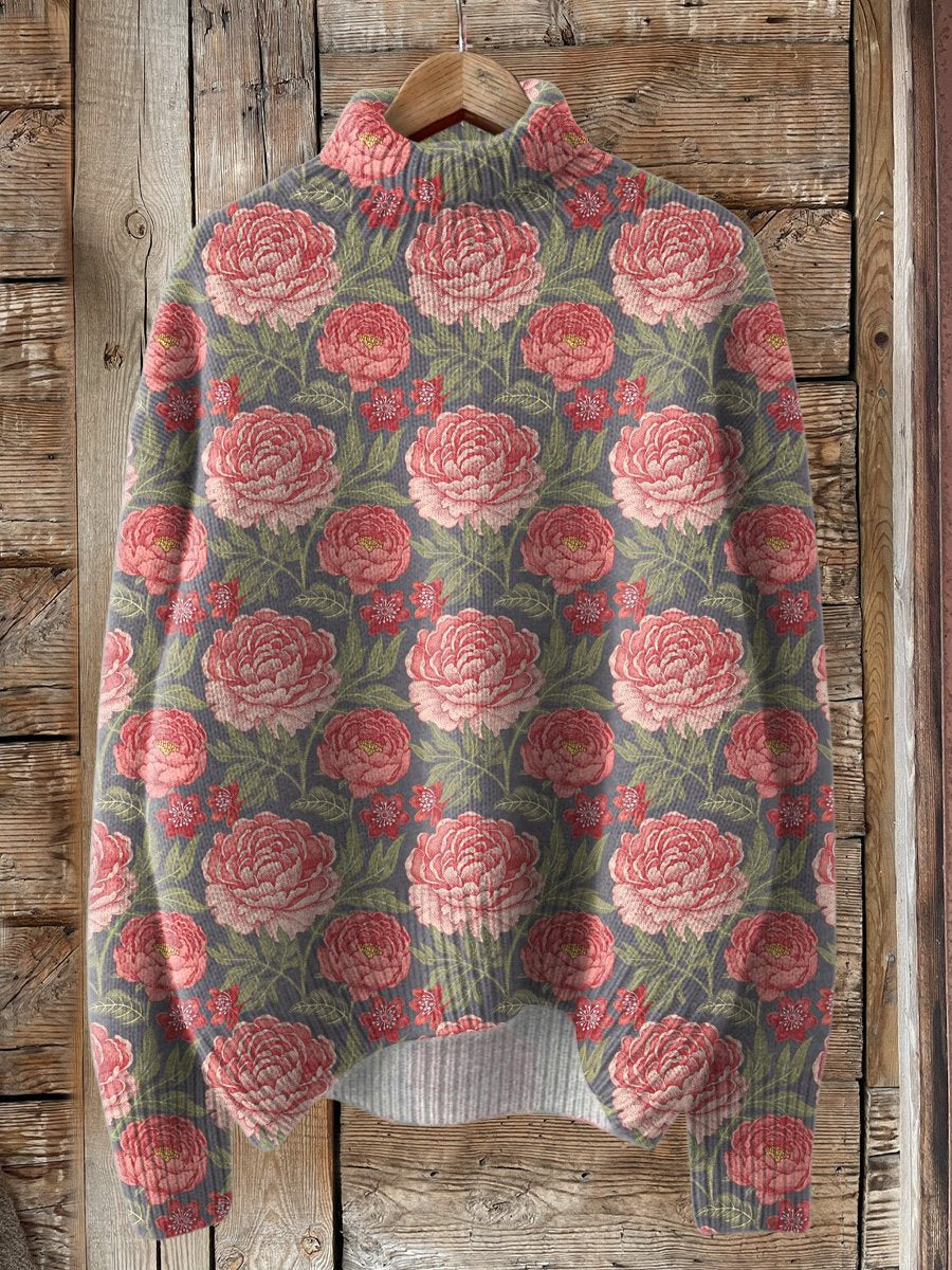 Peony Floral Repeat Pattern Printed Knit Turtleneck Pullover Sweater