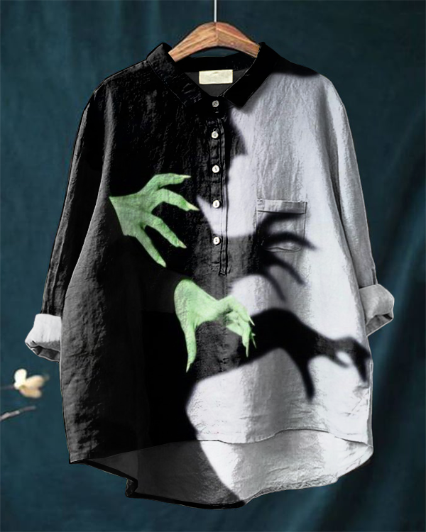 Halloween Witch Shadow Print Casual Cotton and Linen Shirt