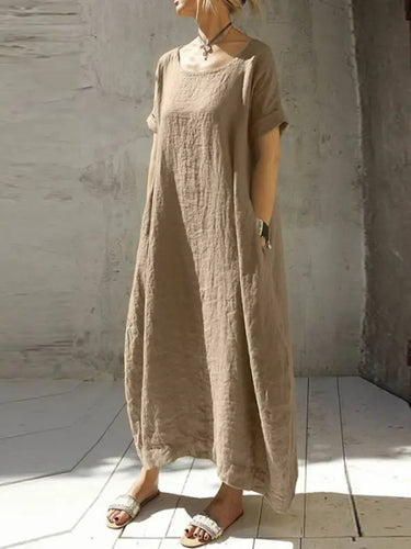 Cotton and Linen Loose Solid Color round Neck Short Sleeves Split Dress