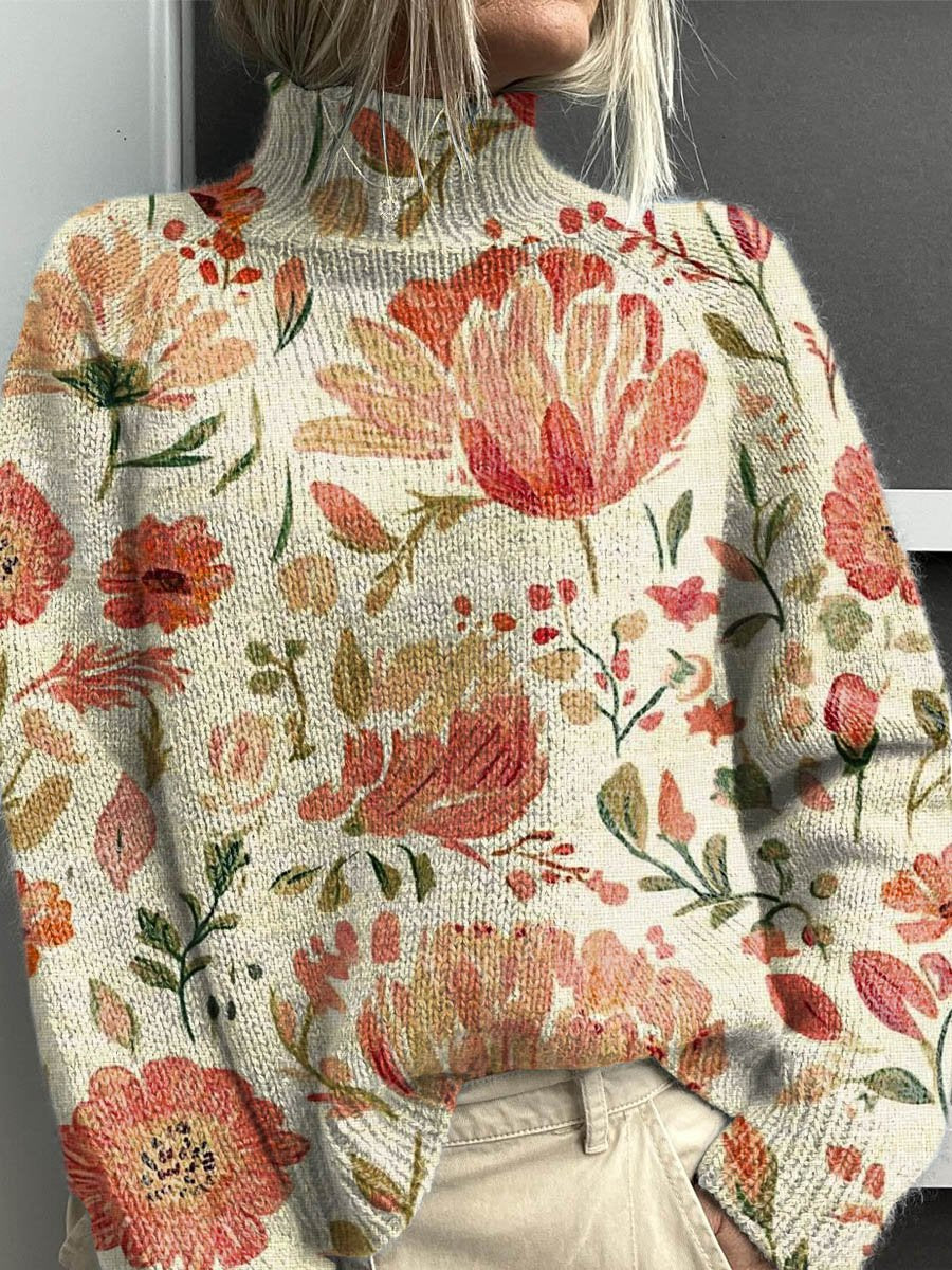 Women's Lovely Floral Art Print Knit Turtleneck Pullover Sweater