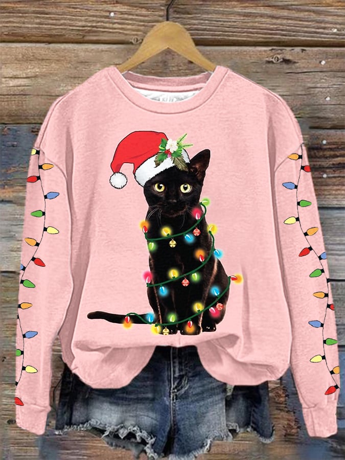 Women's Christmas Black Cat Lantern Print Sweatshirt.