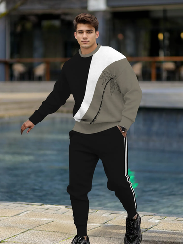 Men's Simple Colorblock Round Neck Casual Sports Set 0134