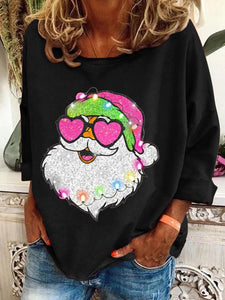 Women'S Pink Santa Christmas Printed Crew Neck Sweatshirt