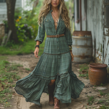 Load image into Gallery viewer, Women's Retro V-neck Plaid Long-sleeve Bohemian Pastoral Style Maxi Long Dress