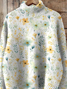 Lovely Meadows Floral Pattern Printed Knit Turtleneck Pullover Sweater