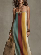 Load image into Gallery viewer, Bohemian Style Striped Color Block Spaghetti Strap Long Dress