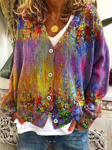 Floral Print V-Neck Knitted Cardigan