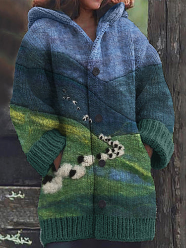 Sheep & Mountains Landscape Felt Art Cozy Hooded Cardigan