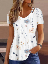 Load image into Gallery viewer, Women&#39;s T shirt Tee White Red Blue Floral Cut Out Print Short Sleeve