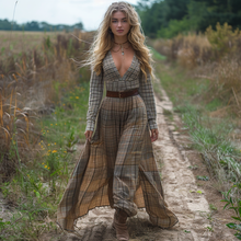 Load image into Gallery viewer, Women's Retro V-neck Plaid Long-sleeve Bohemian Pastoral Style Maxi Long Dress