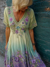 Load image into Gallery viewer, Purple Floral Embroidered Gradient Flowy Linen Maxi Dress