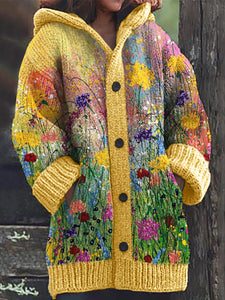 Wild Flowers Oil Painting Art Cozy Knit Hooded Cardigan