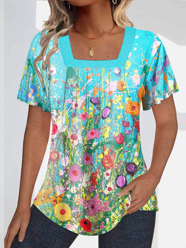 Women Short Sleeve U-neck Floral Printed Graphic Tops