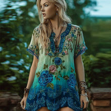 Load image into Gallery viewer, Blue Sequin Lace Floral Boho Art Women's V-neck Short Sleeve Long Shirt