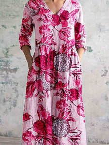 Women's V-Neck Poppy Shell Floral Cotton and Linen Dress with Pockets