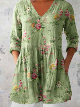 Load image into Gallery viewer, Women's Elegant Floral Pattern Round Neck Cotton and Linen Top