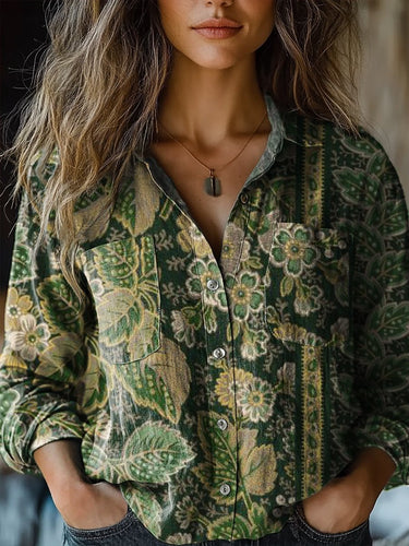 Women's Vintage Floral Art Print Casual Long Sleeve Comfortable Cotton Shirt main image 0