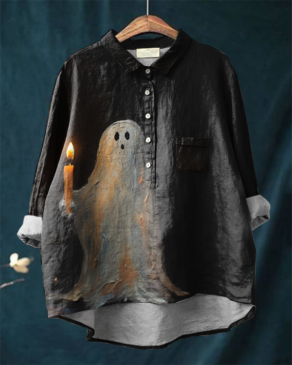 Halloween Ghost Candle Cotton and Linen Casual Shirt