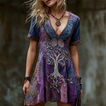 Load image into Gallery viewer, Viking Tree Of Life Embroidered Boho Women's V-neck Short Sleeve Mini Dress