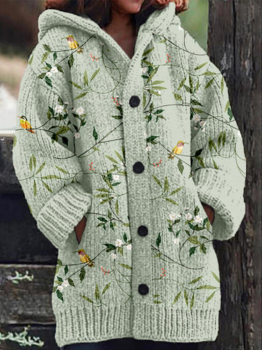 Elegant Birds and Flowers Art Pattern Cozy Hooded Cardigan