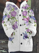 Load image into Gallery viewer, Purple Floral Butterfly Pattern Cozy Knit Hooded Cardigan