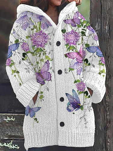 Purple Floral Butterfly Pattern Cozy Knit Hooded Cardigan