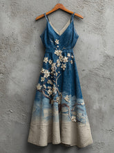 Load image into Gallery viewer, Women's Cherry Blossoms Embroidery And Waves Art Linen Suspenders Dress