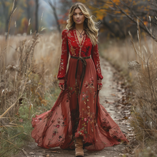 Load image into Gallery viewer, Women's Vintage V-neck Floral Bohemian Pastoral Style Long-sleeved Maxi Long Dress