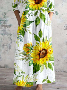 Women's V-Neck Art Sunflower Floral Pattern Dress With Pockets