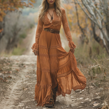 Load image into Gallery viewer, Women's Retro V-neck Country Pastoral Linen Style Long-sleeve Casual Maxi Long Dress