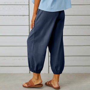 High Waisted Button Cotton Linen Wide Leg Cropped Pants