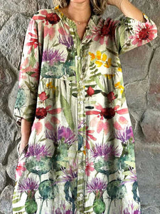 Women's Watercolor Floral Pattern Shirt Cotton And Linen Dress With Pockets