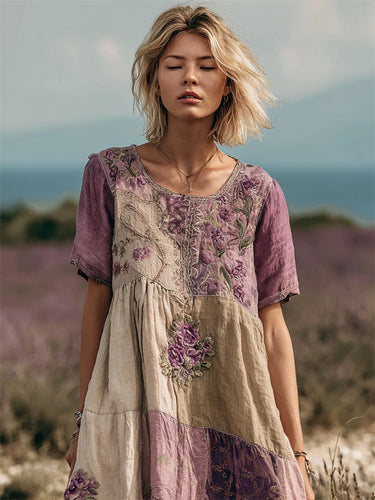 Vintage Lavender Roses Embroidered Cottage Patchwork Linen Dress