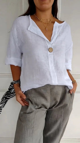 V-neck cotton and linen button top
