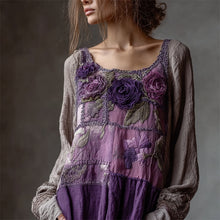 Load image into Gallery viewer, Vintage Purple Flowers Boho Lace Patchwork Linen Tunic