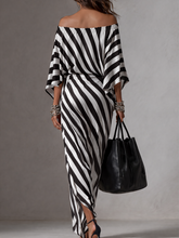 Load image into Gallery viewer, Statement Monochrome Stripe Asymmetric Maxi Dress