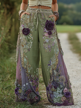 Load image into Gallery viewer, Classy Purple Lavender And Floral Embroidered Art Linen Pants