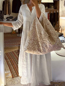 Casual Solid Color Cotton Linen 3/4 Sleeve V-Neck Long Dress