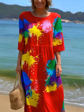 Load image into Gallery viewer, Women's Casual  Round Neck Mid Sleeve Print Cotton and Linen Dress