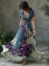 Load image into Gallery viewer, Vintage Gradient Purple Rose And Floral Embroidery Linen Short Sleeve Dress