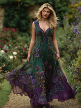 Load image into Gallery viewer, Vintage Rose Floral Embroidered Gradient Linen Maxi Dress