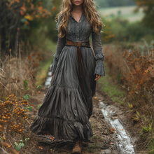 Load image into Gallery viewer, Women's Retro V-neck Country Pastoral Linen Style Long-sleeve Casual Maxi Long Dress