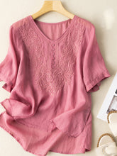 Load image into Gallery viewer, Women's Cotton Linen Embroidered Loose Casual T-Shirt