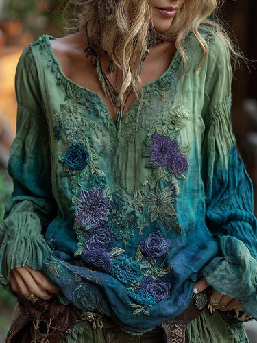 Vintage Classy Gradient Blue Rose And Floral Embroidered Art Linen Shirts