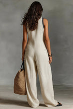 Load image into Gallery viewer, Linen blend sleeveless jumpsuit with zipper and embroidered stand-up collar