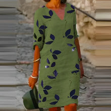 Load image into Gallery viewer, Women's printed linen short sleeve V-neck medium length dress