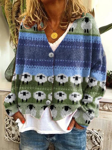 Women'S Cute Flock Of Sheep Print Casual Cardigan