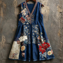 Load image into Gallery viewer, Japanese Art Floral Embroidery Women's Linen V-neck Vest Dress