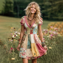 Load image into Gallery viewer, Women's Vintage Floral Patch Art Linen Comfy Midi Dress